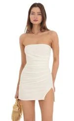 Chic Fitted Strapless Sleeveless Ruched Slit Royal Blue Mini Homecoming Dress Women's