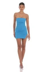 Chic Fitted Strapless Sleeveless Ruched Slit Royal Blue Mini Homecoming Dress Women's