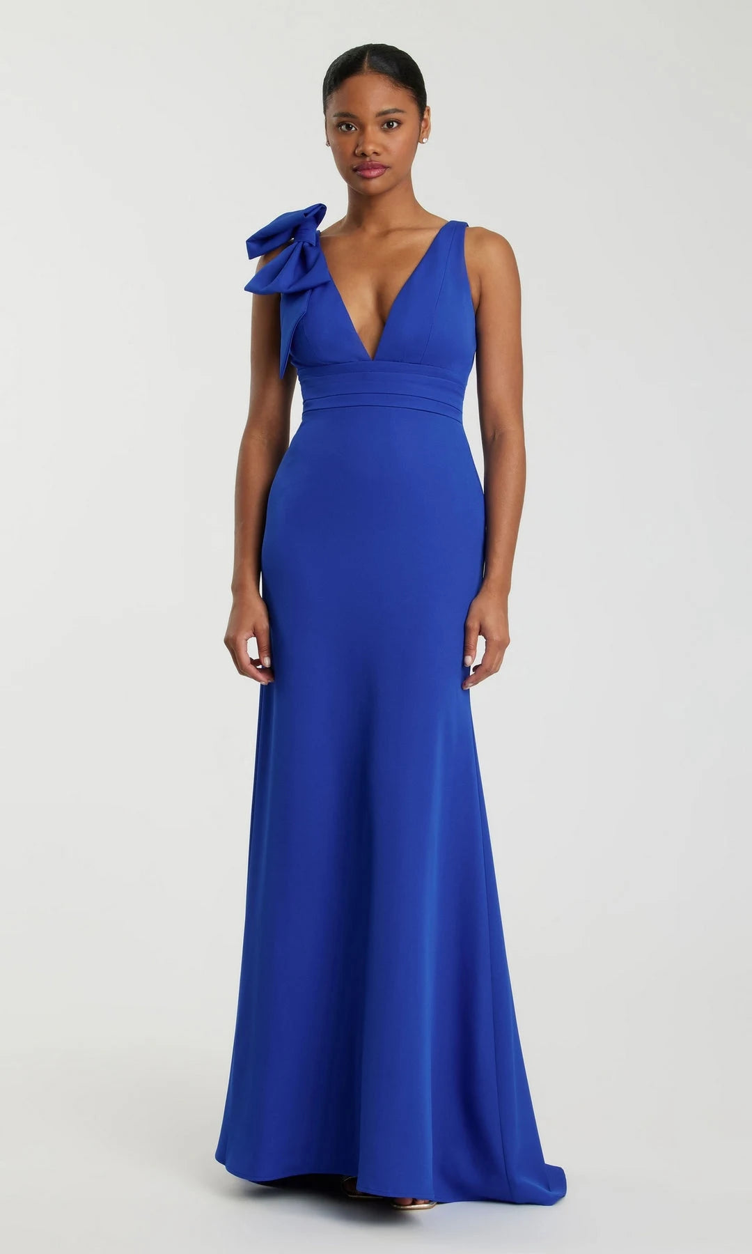 Chic Fitted V-Neck Sleeveless Bow Ruched Blue Long Prom Dresses Women Gown