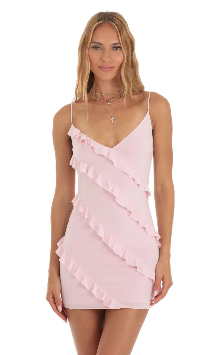 Chic Fitted V-Neck Sleeveless Ruffled Pink Mini Homecoming Party Dress