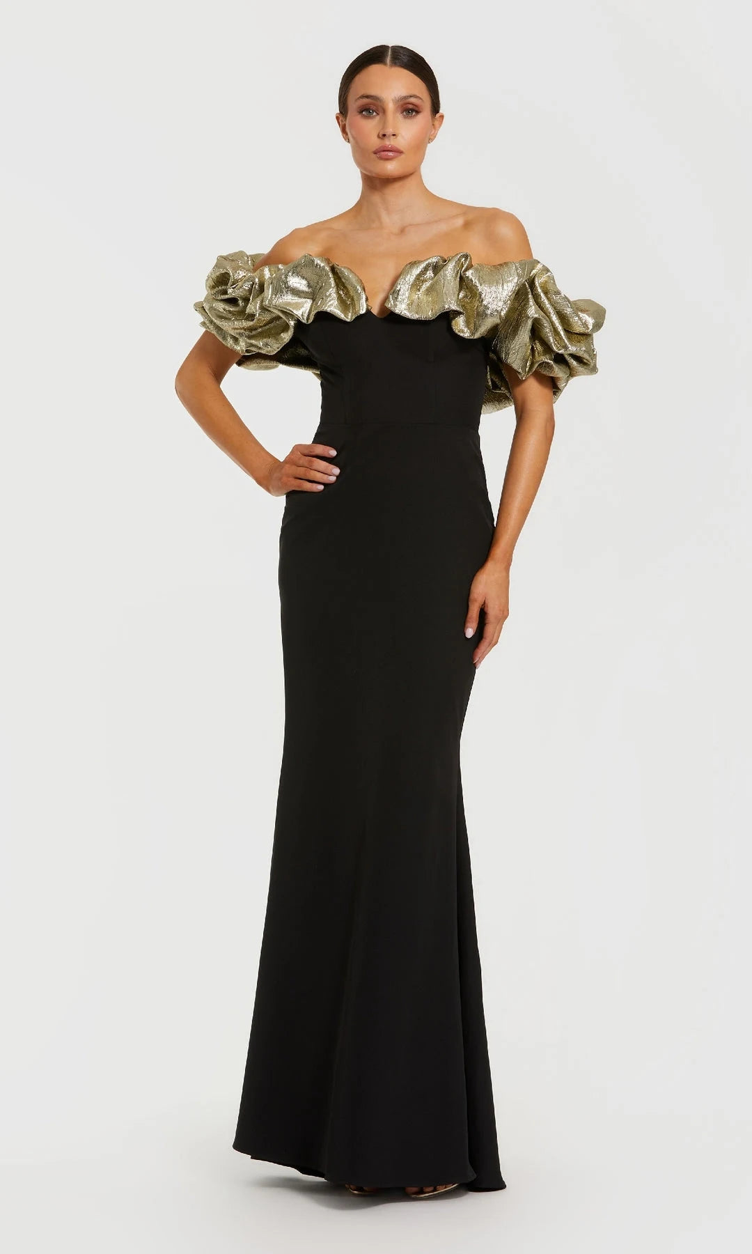 Chic Mermaid Bardot Sleeveless Ruffled Metallic Black Long Prom Dresses Women