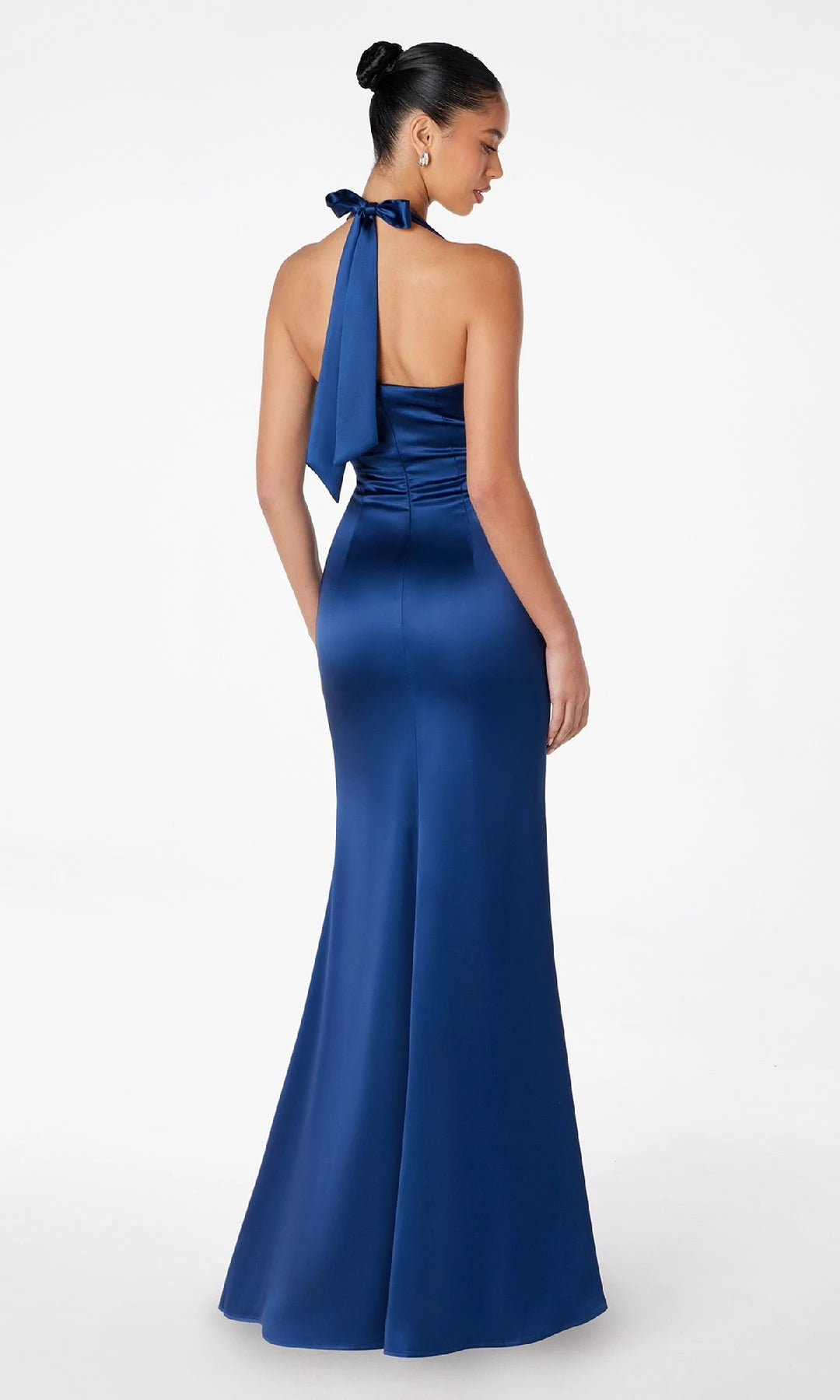 Chic Mermaid Halter Sleeveless Backless Bow Navy Long Prom Dresses Women