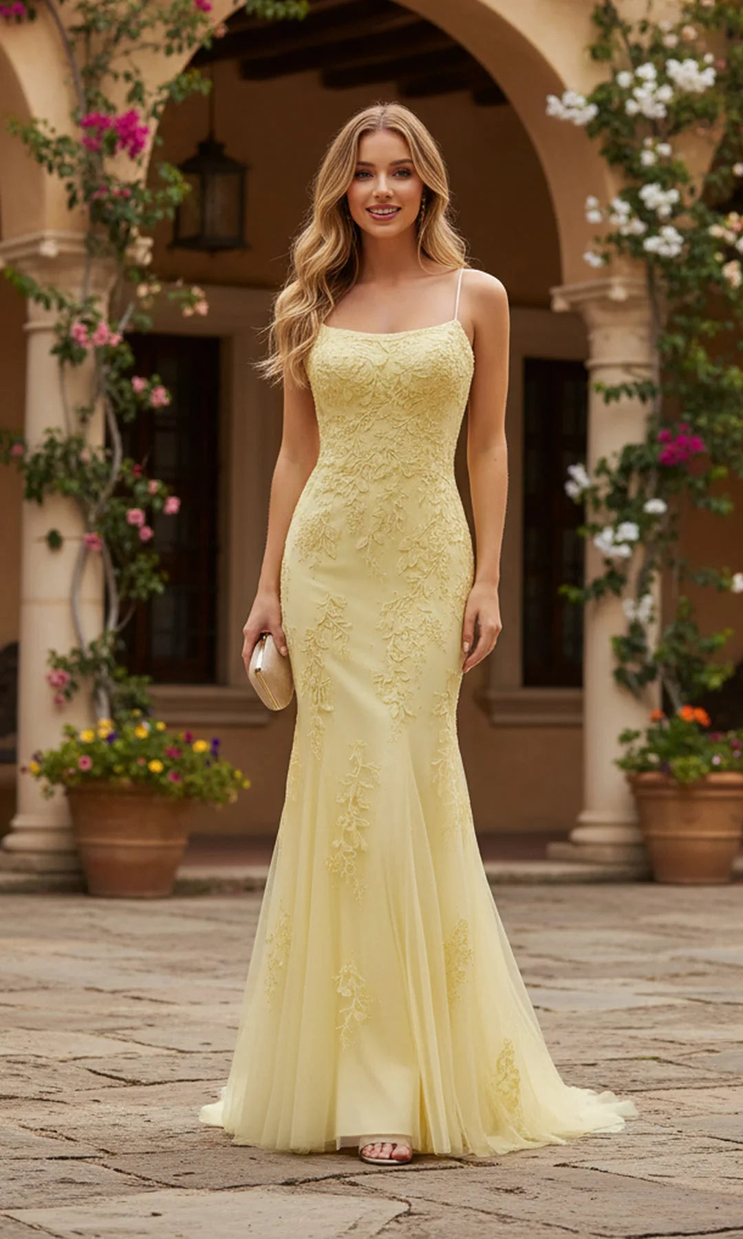 Chic Mermaid Scoop Sleeveless Backless Applique Yellow Long Prom Dresses Women