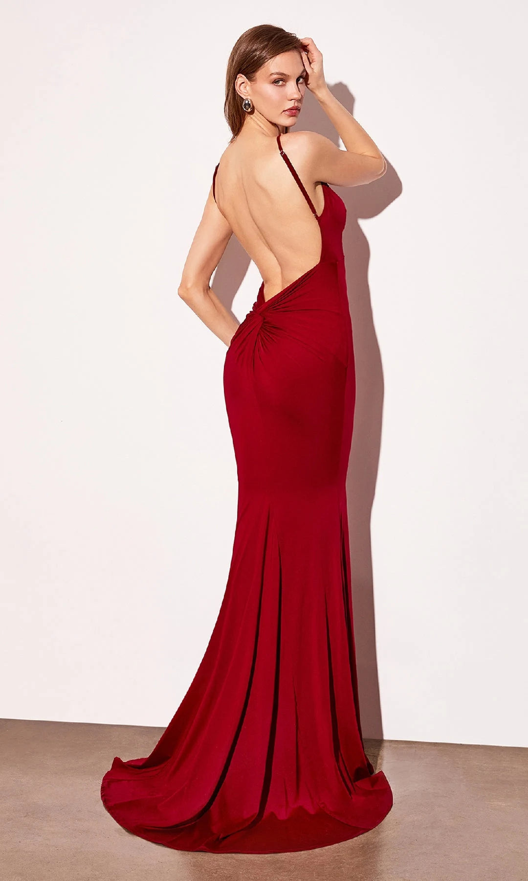 Chic Mermaid V-Neck Sleeveless Backless Ruched Burgundy Long Prom Dresses Women Gown