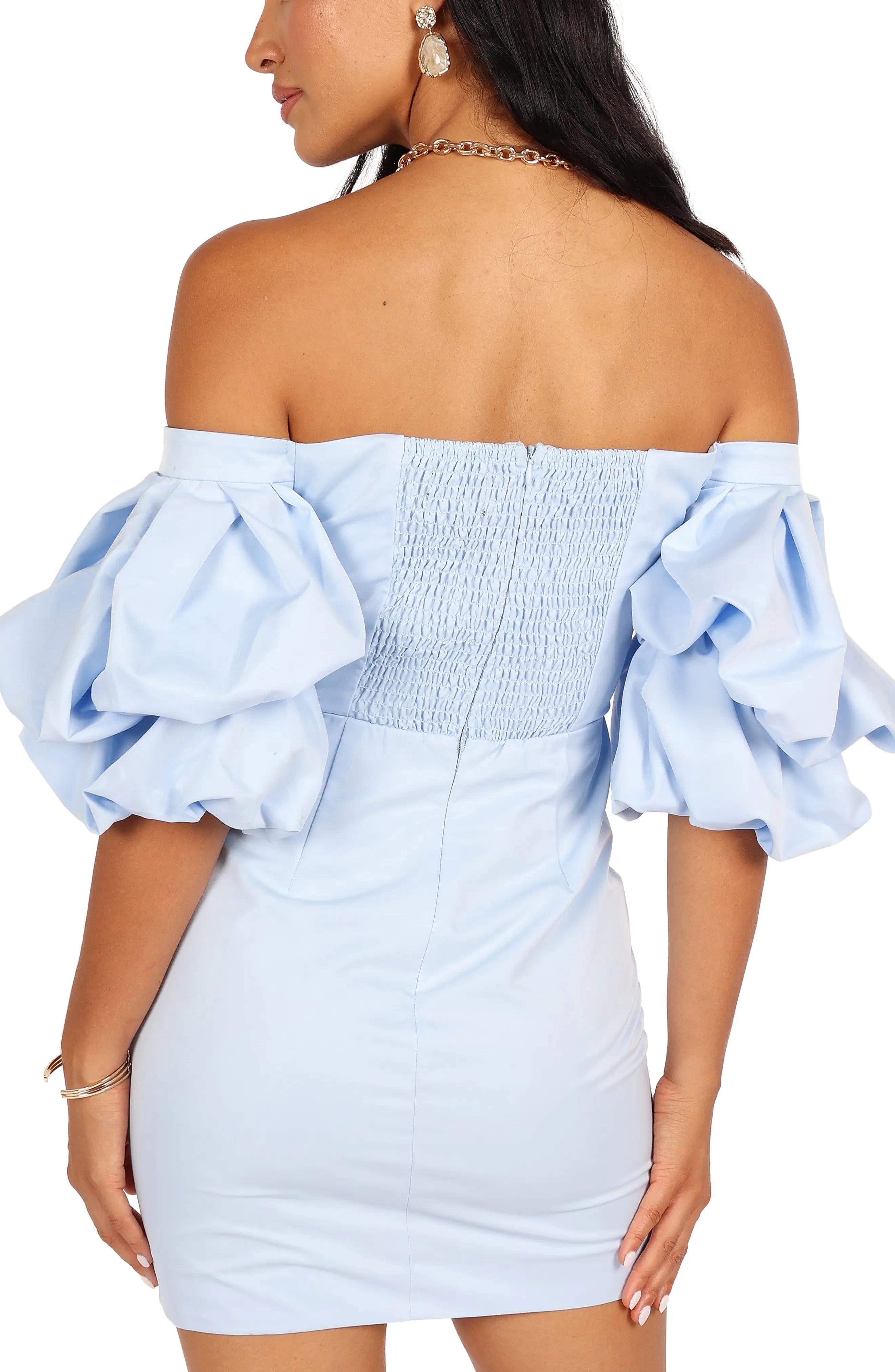 Chic Off-the-Shoulder Puffy Sleeve Shirred Back Mini Bodycon Homecoming Dresses