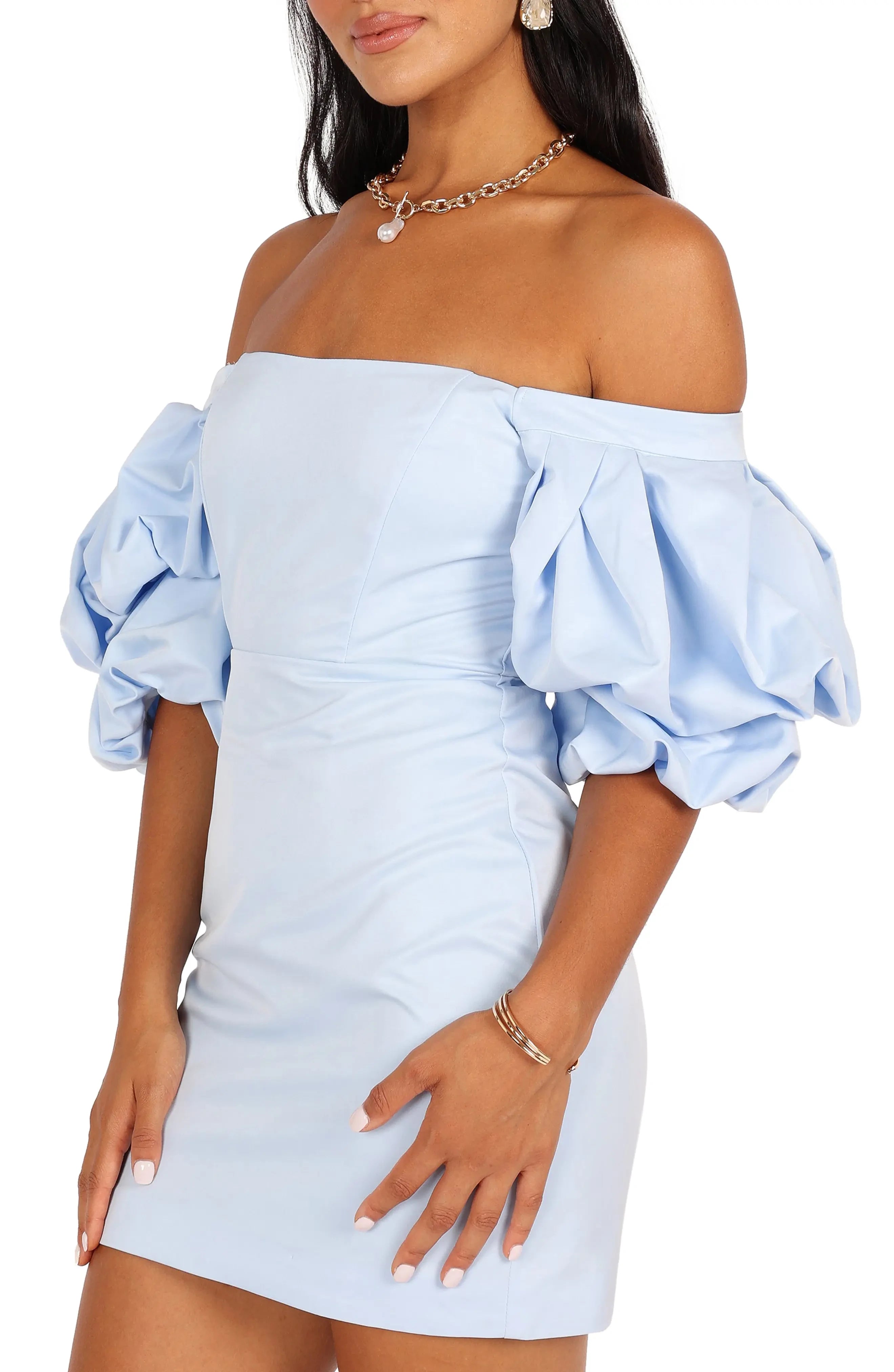 Chic Off-the-Shoulder Puffy Sleeve Shirred Back Mini Bodycon Homecoming Dresses