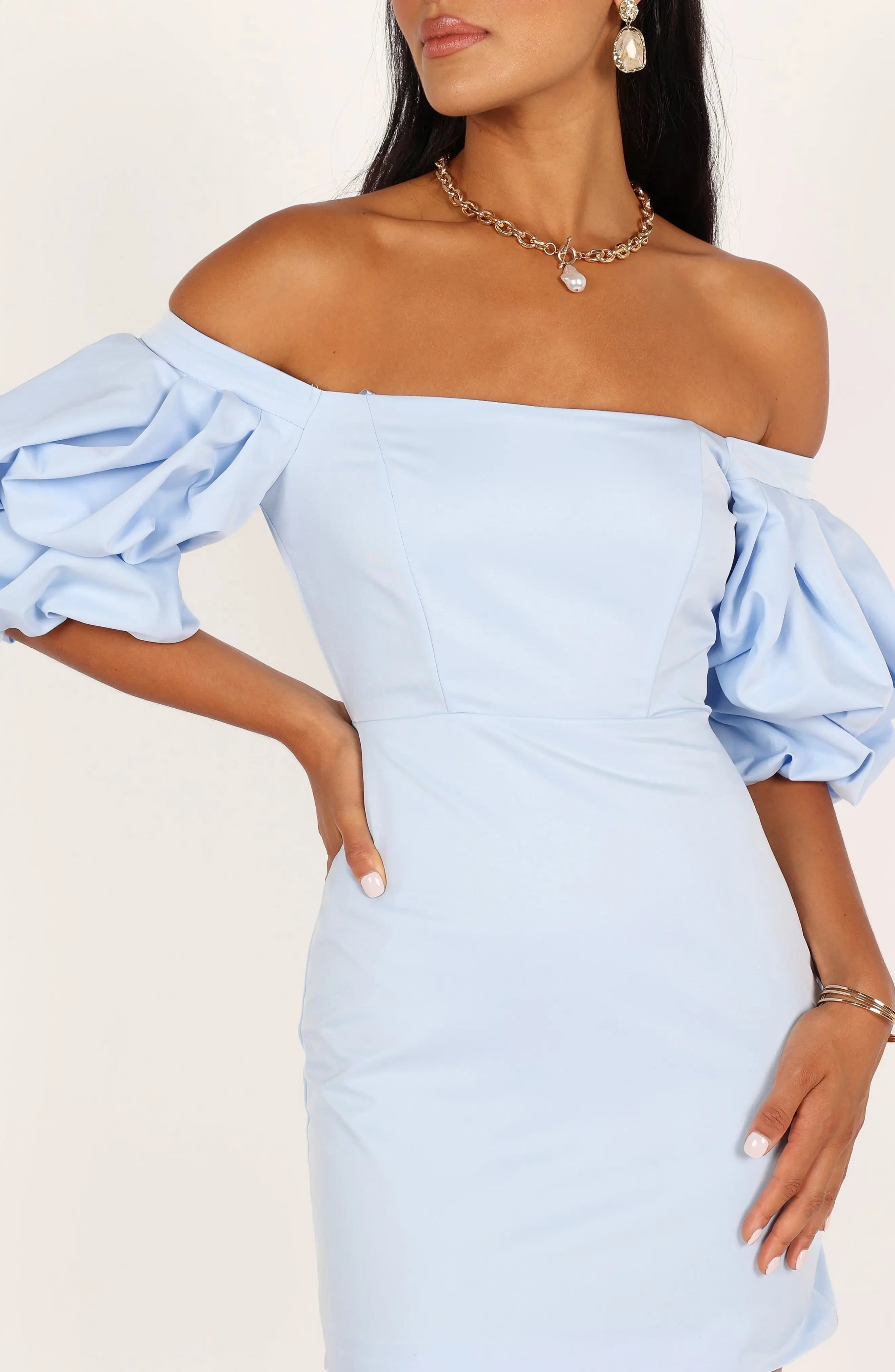 Chic Off-the-Shoulder Puffy Sleeve Shirred Back Mini Bodycon Homecoming Dresses