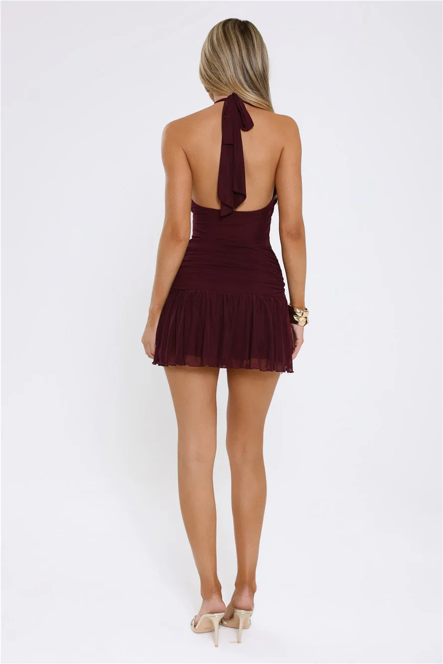 Chic Ruched A-Line Halter Sleeveless Open Back Mini Homecoming Dresses for Parties & Events