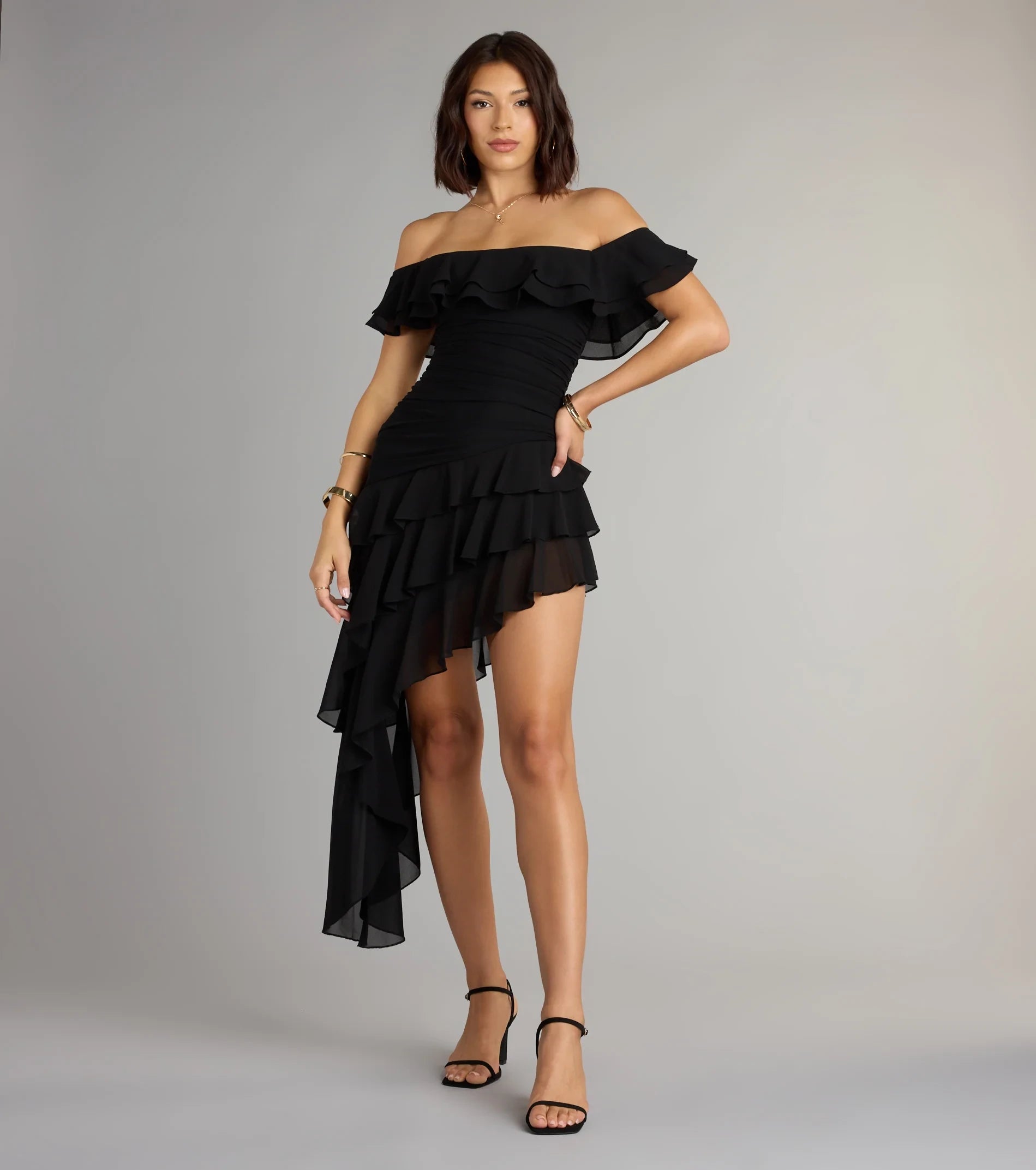 Chic Ruffled Fit-and-Flare Off-Shoulder Ruffled Short Sleeves Zipper Back Asymmetrical High-Low Homecoming Dresses