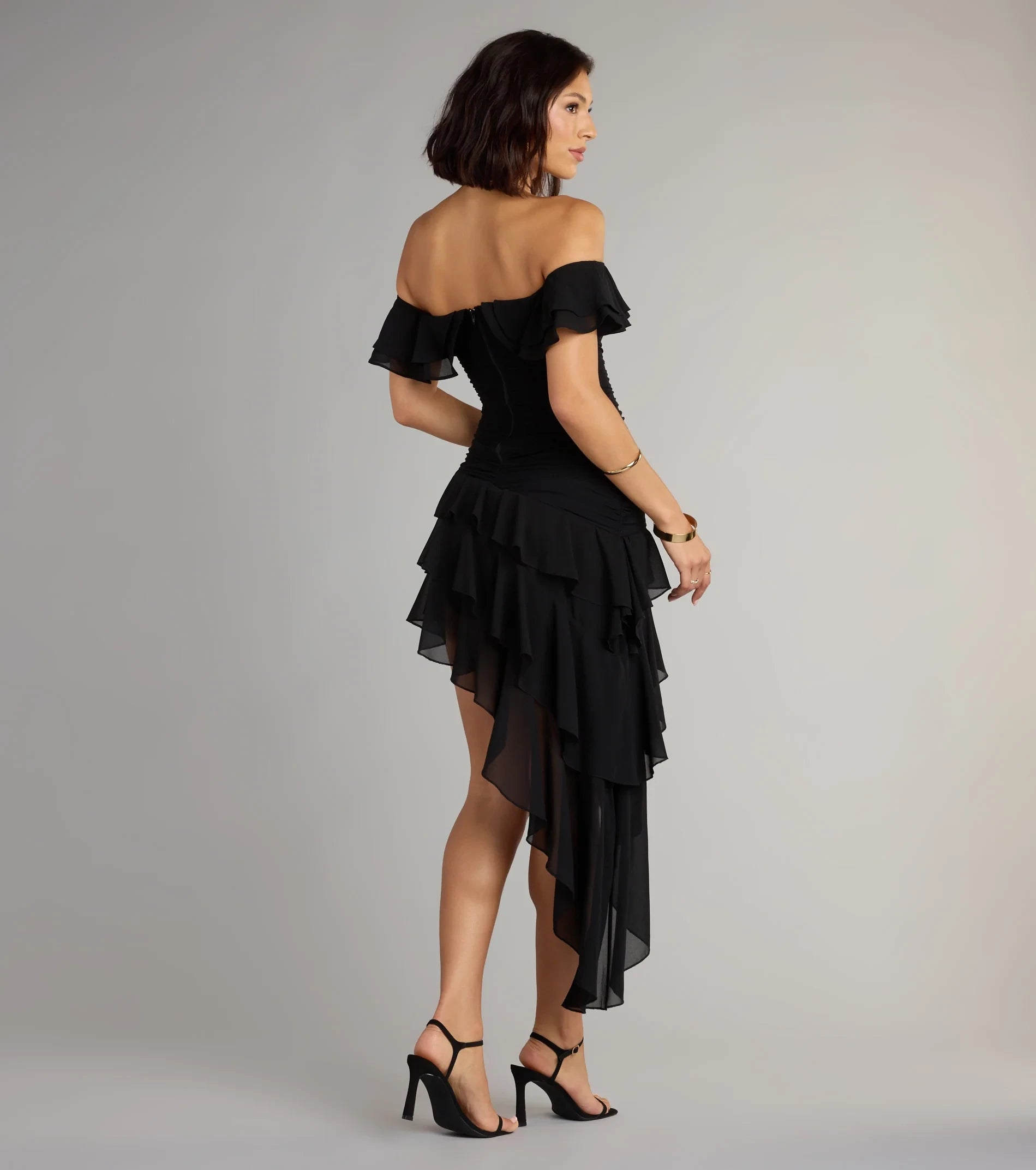 Chic Ruffled Fit-and-Flare Off-Shoulder Ruffled Short Sleeves Zipper Back Asymmetrical High-Low Homecoming Dresses