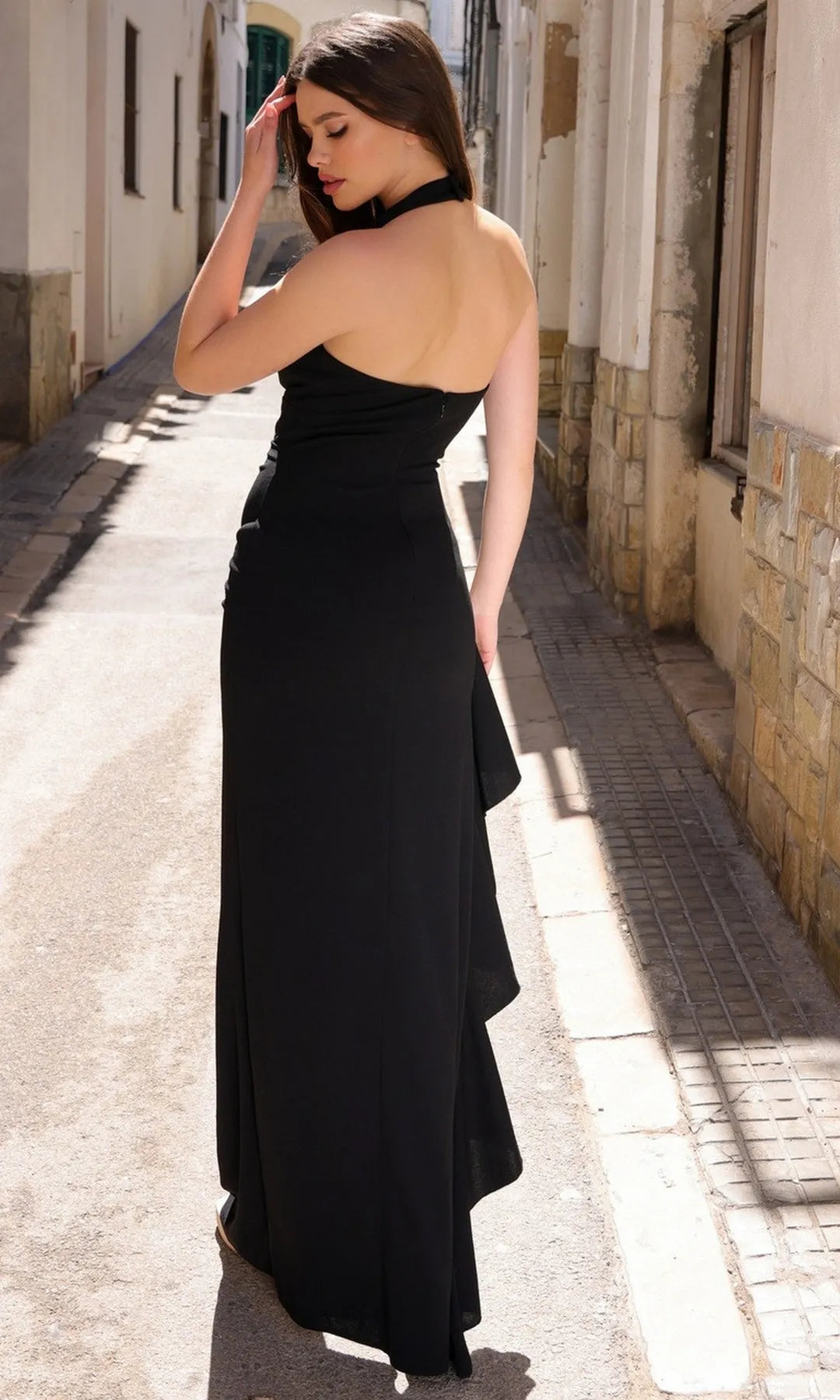 Chic Sheath Halter Sleeveless Ruched Slit Black Maxi Prom Dresses Women