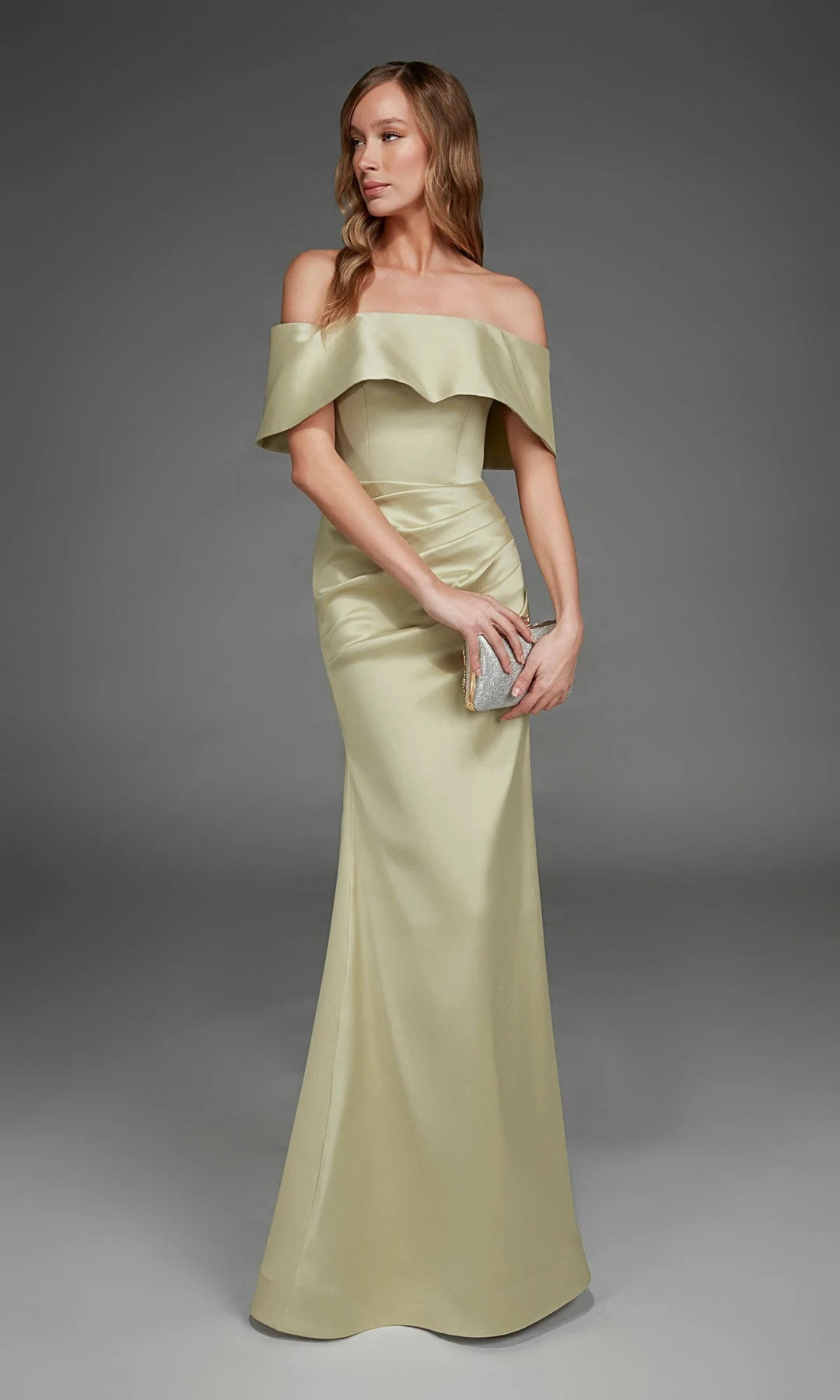 Chic Sheath Off-Shoulder Sleeveless Ruched Foldover Sage Maxi Prom Dresses Women
