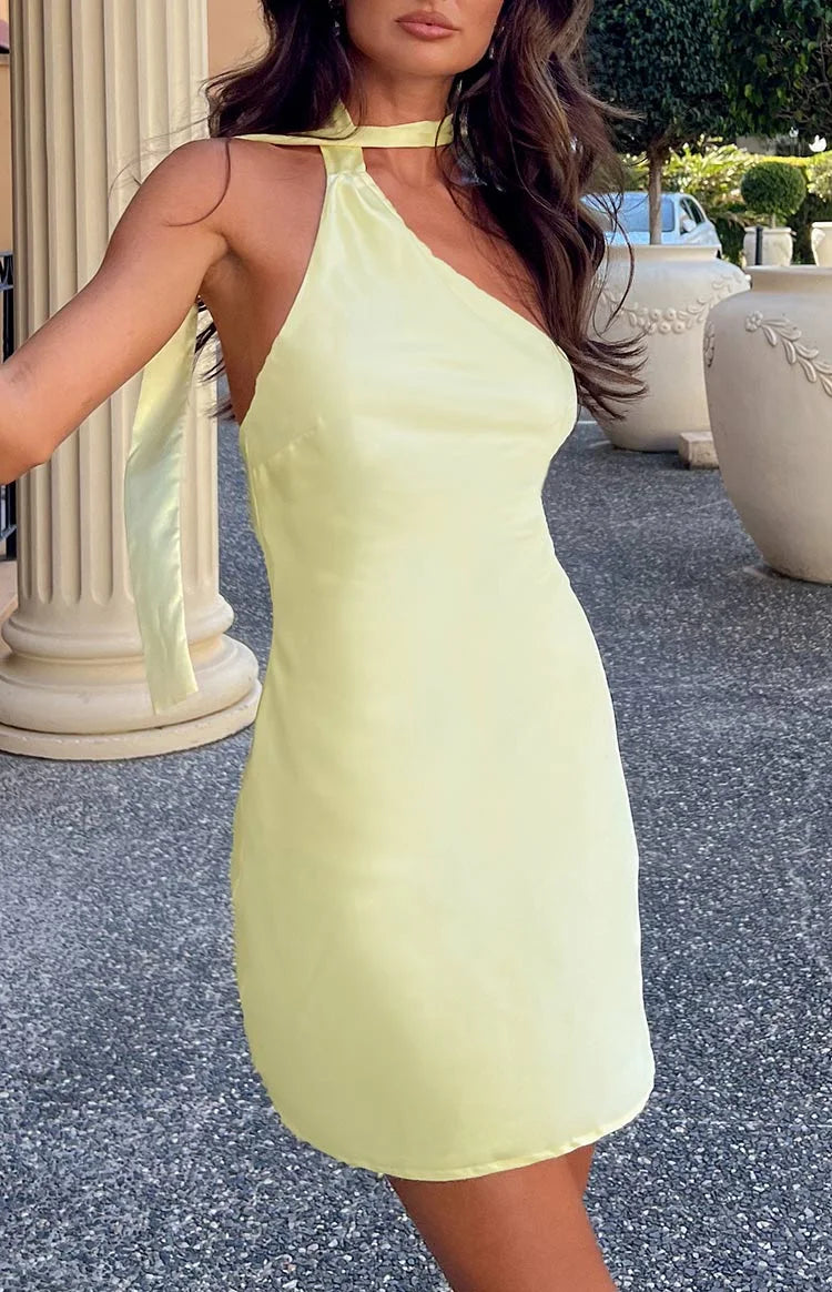Chic Sheath One-Shoulder Halter Sleeveless Draped Pale Yellow Mini Homecoming Dress Women's