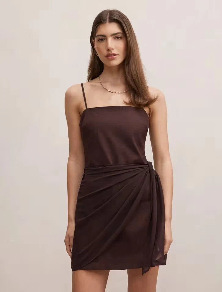Chic Sheath Square Neck Sleeveless Ruched Wrap Dark Brown Mini Homecoming Dress