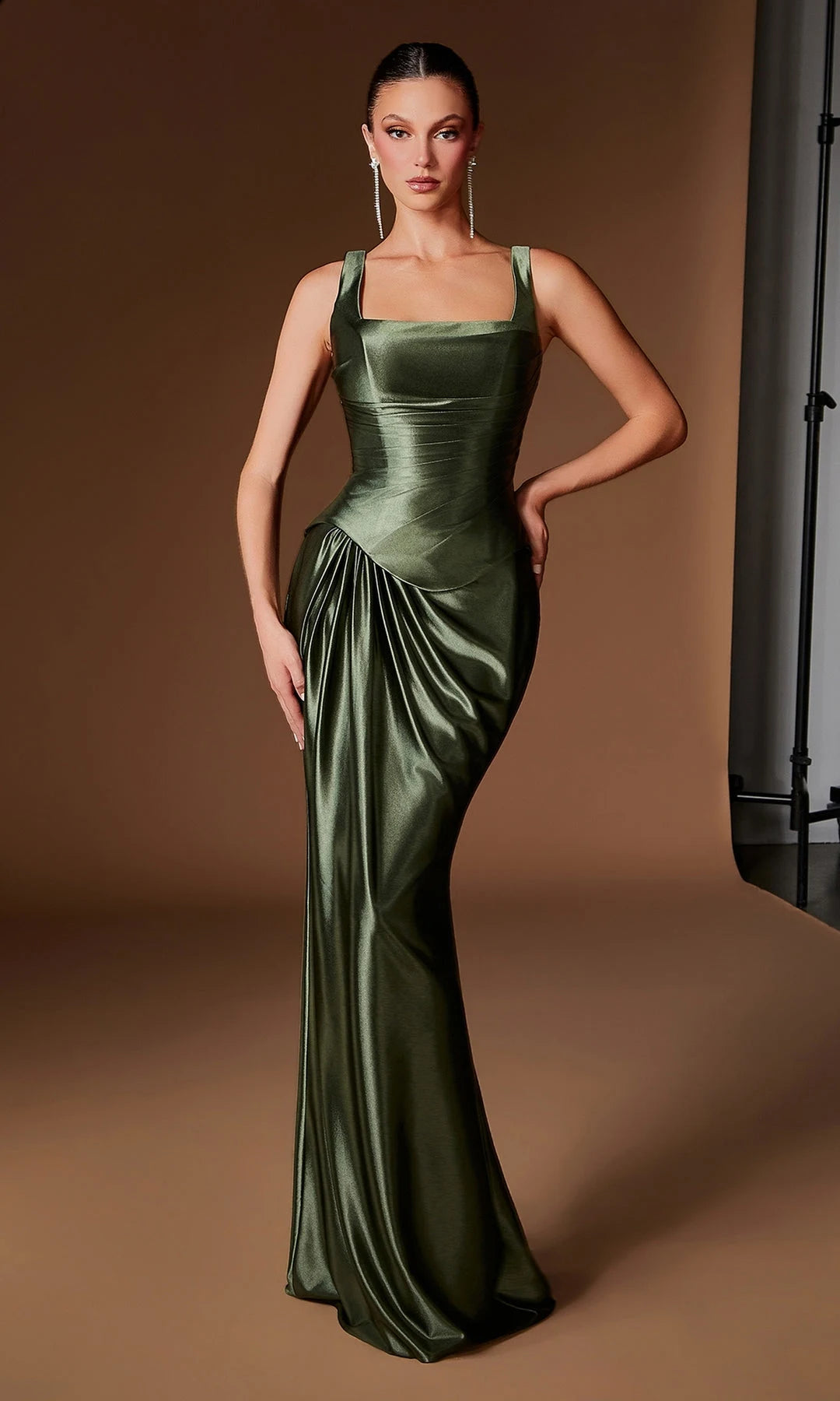 Chic Sheath Square Sleeveless Corset Draped Olive Maxi Prom Dresses Women