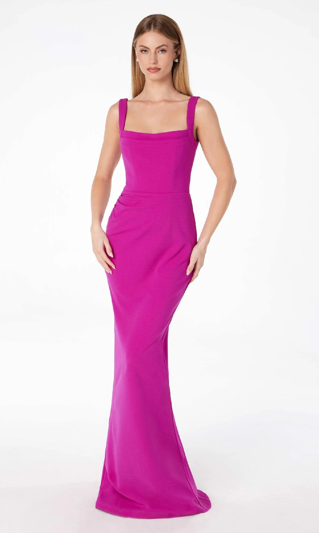 Chic Sheath Square Sleeveless Ruched Slit Magenta Long Prom Dresses Women