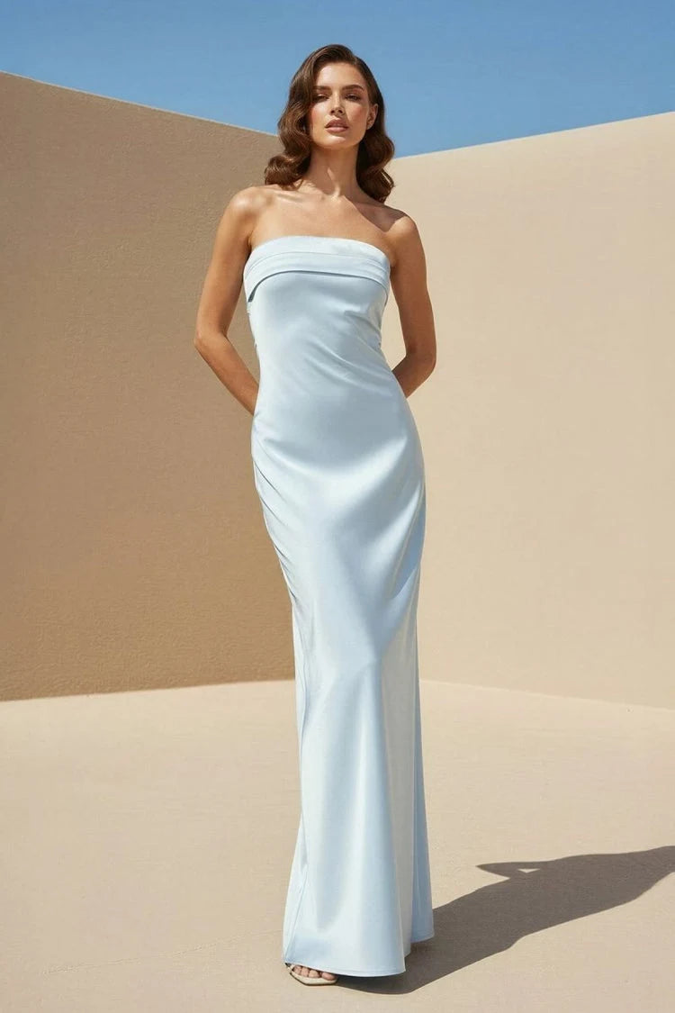Chic Sheath Strapless Draped Backless Light Blue Floor-Length Prom Gown
