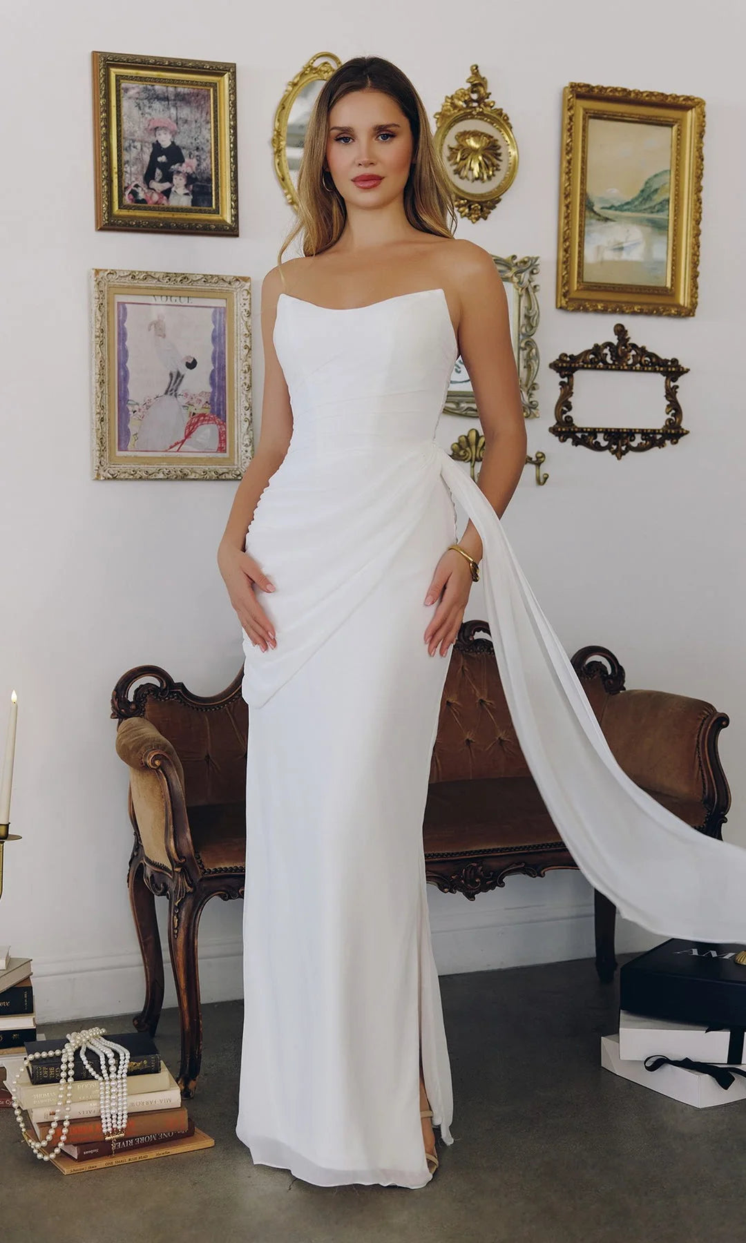 Chic Sheath Strapless Sleeveless Corset Draped White Prom Dresses Women Gown