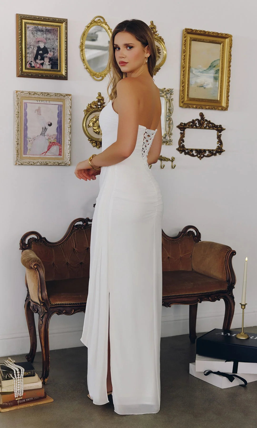 Chic Sheath Strapless Sleeveless Corset Draped White Prom Dresses Women Gown