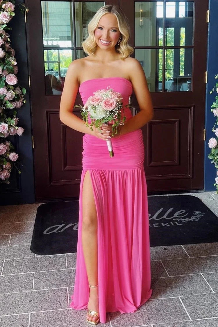 Chic Strapless Ruched High Slit Hot Pink Floor-Length Prom Dress