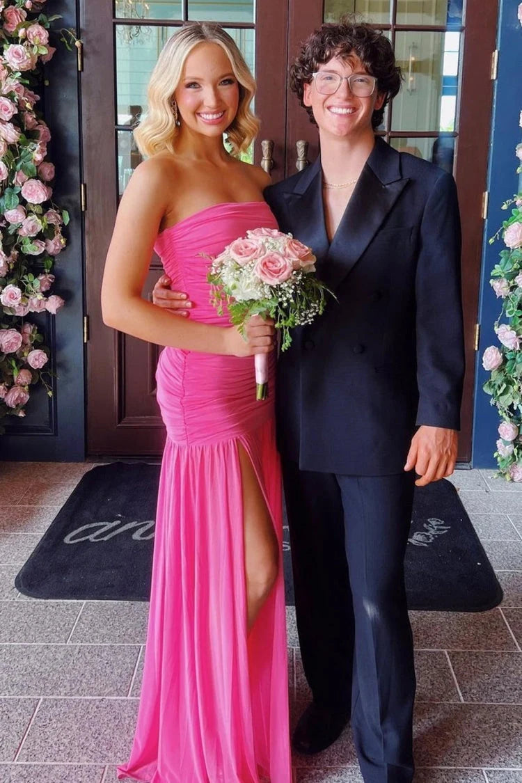 Chic Strapless Ruched High Slit Hot Pink Floor-Length Prom Dress
