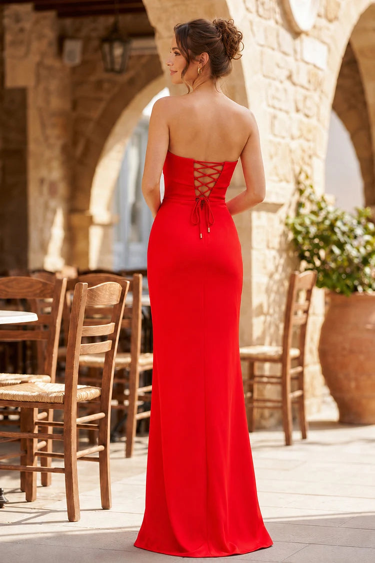 Chic Strapless Sheath Back Lace-Up Red Floor-Length Prom Dress Gown