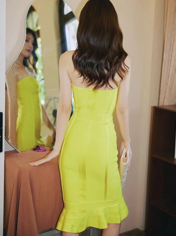 Chic Sweetheart Strapless Fitted Ruched Ruffled Neon Yellow Midi Homecoming Dress Women