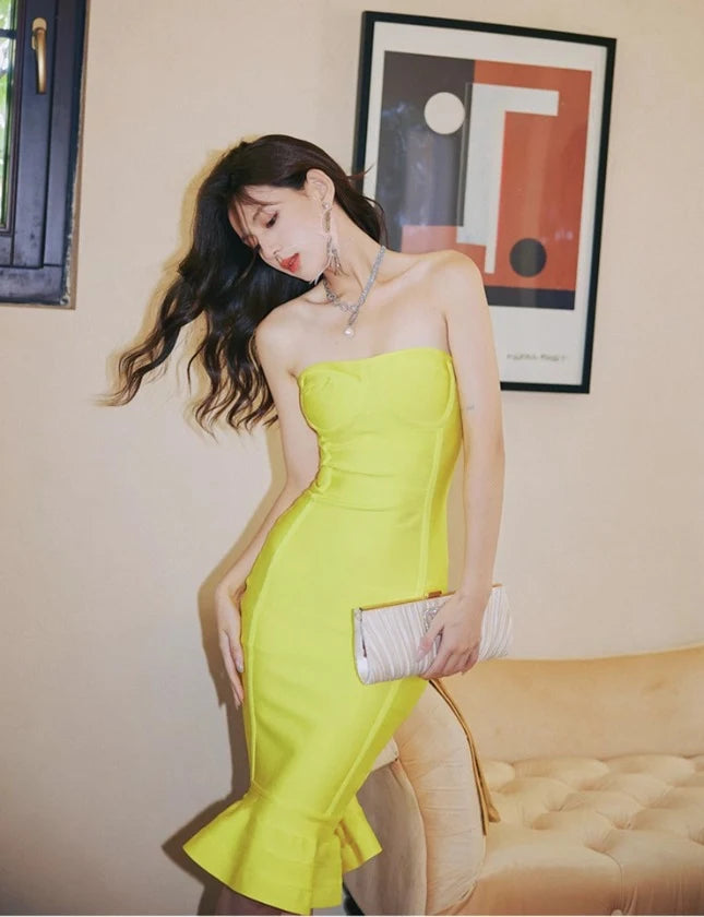 Chic Sweetheart Strapless Fitted Ruched Ruffled Neon Yellow Midi Homecoming Dress Women