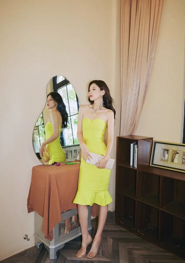 Chic Sweetheart Strapless Fitted Ruched Ruffled Neon Yellow Midi Homecoming Dress Women