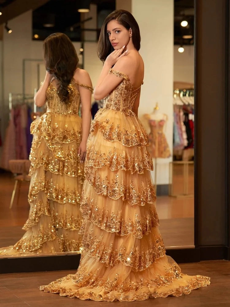 Classic Ball-Gown Sweetheart Off-The-Shoulder Short-Sleeve Lace-Up-Back Ruffled-Hem Floor-Length Prom Dress