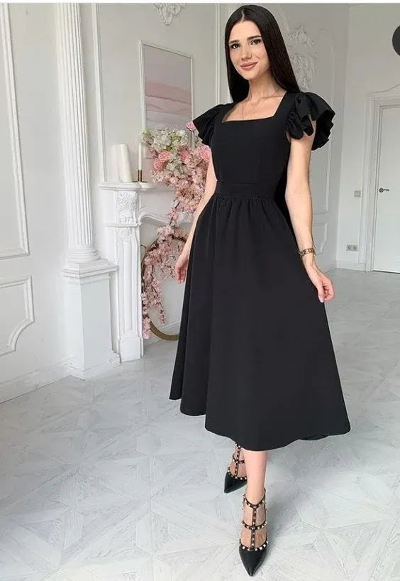 Classic A‑Line Square‑Neck Ruffled‑Cap‑Sleeve Midi Formal Dress