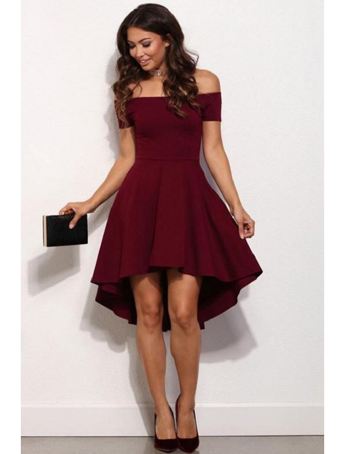 Cute A-Line Off-Shoulder Short Sleeve Homecoming Party Mini Dress Solid Color.