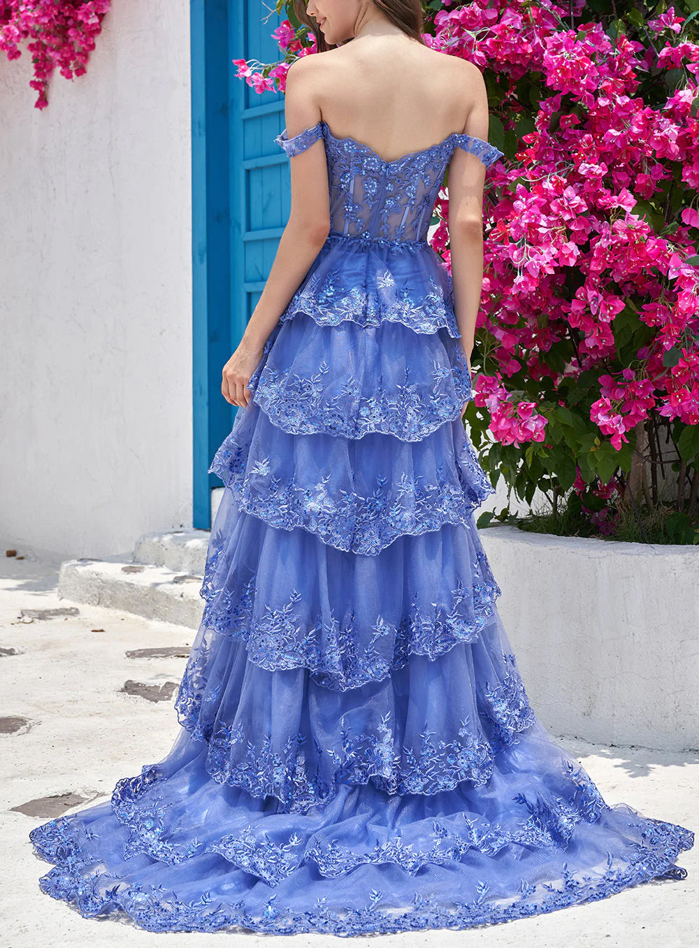 Wholesa Long Formal Dresses Elegant Off Shoulder Corset Tiered Prom Dress with Slit