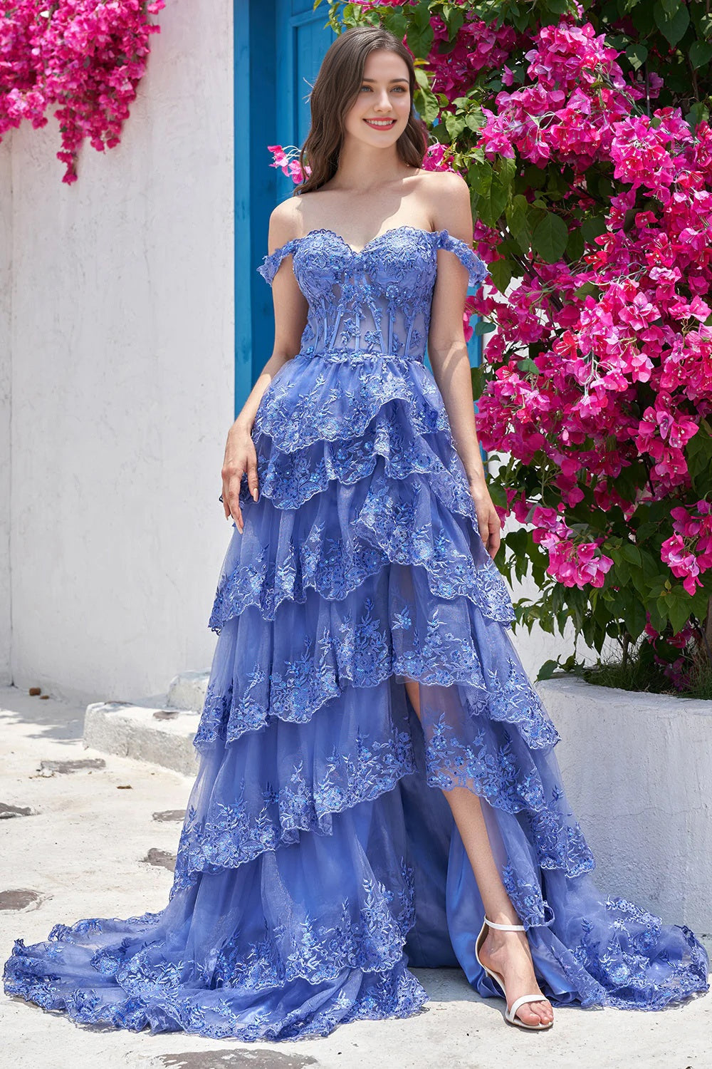 Wholesa Long Formal Dresses Elegant Off Shoulder Corset Tiered Prom Dress with Slit