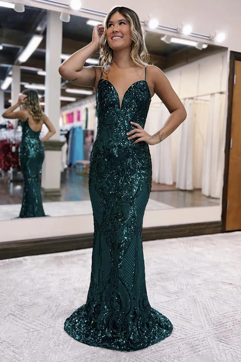 Wholesa Mermaid Spaghetti Straps Long Glitter Prom Dress