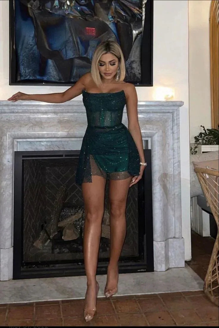 Dark Green Strapless Glitter Mesh Wrap Skirt Mini Homecoming Dress