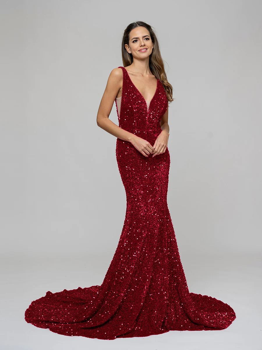 Wholesa Mermaid Plunging V Neck Sequin Fitted Sexy Prom Dresses