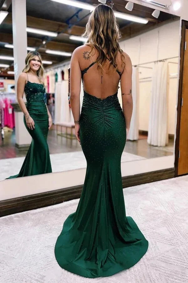 Wholesa Mermaid Spaghetti Straps Beaded Satin Prom Dresses