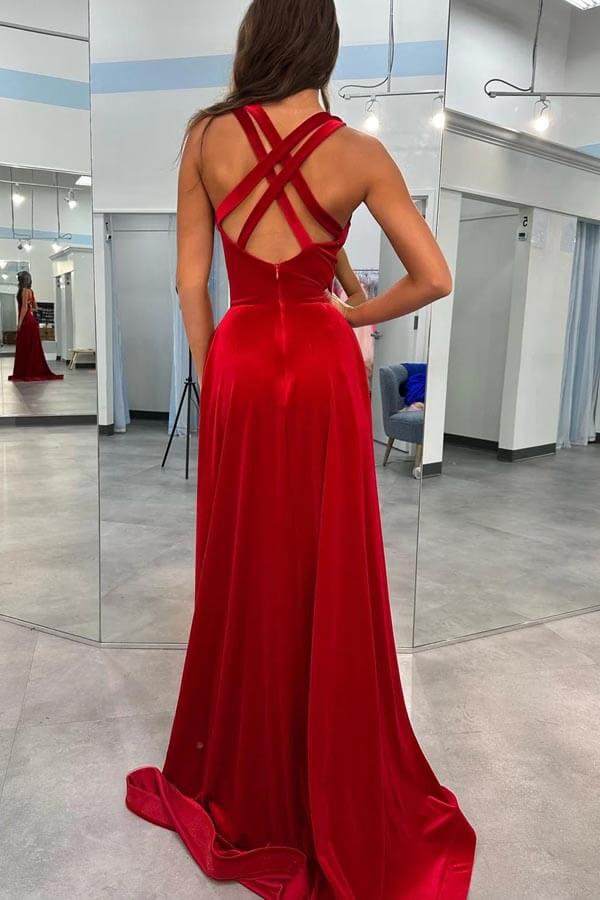 Wholesa Velvet V Neck Prom Gown Straps Prom Dress With Split