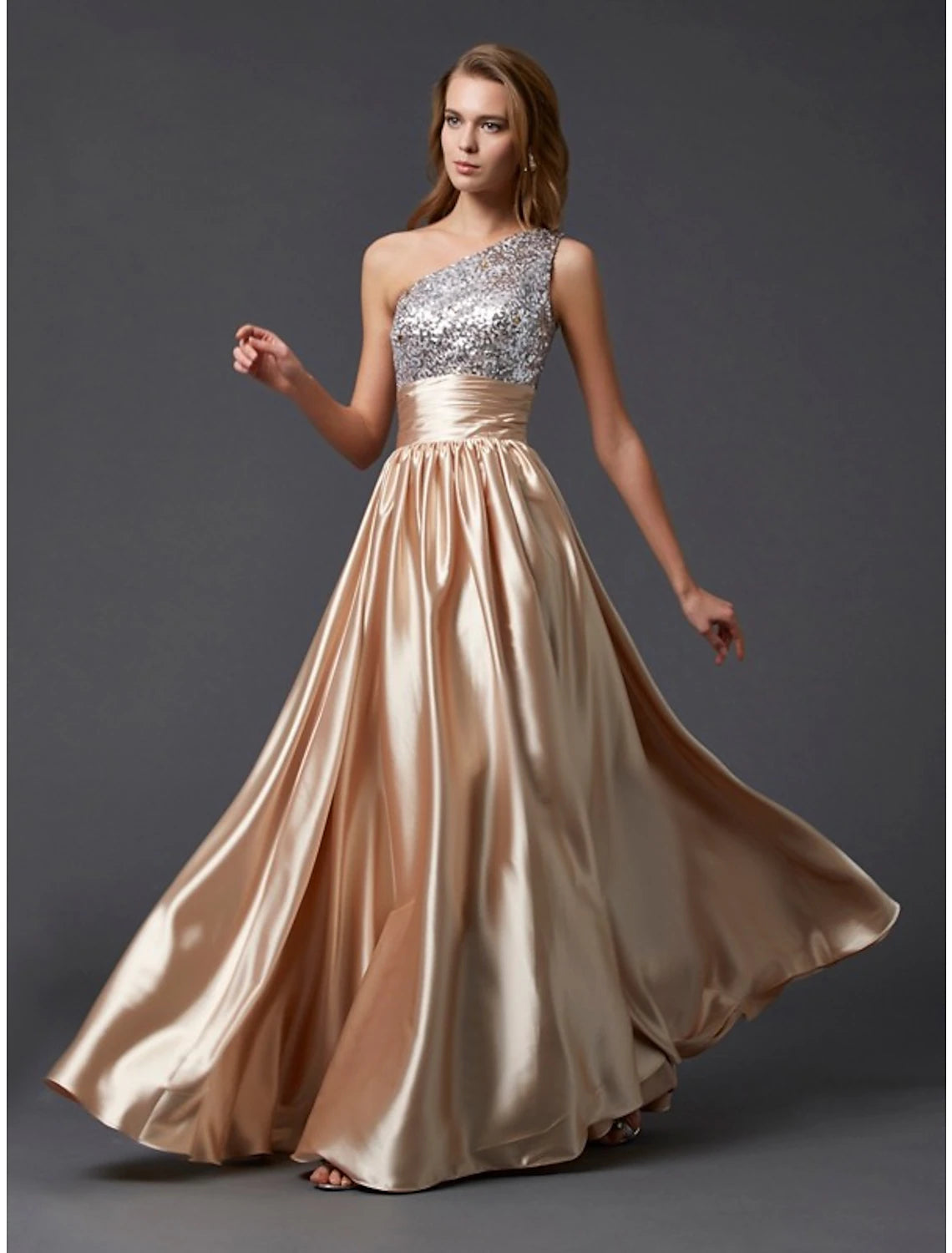 Dazzling A-Line One Shoulder Pleated Sequin Floor-Length Prom Dress.