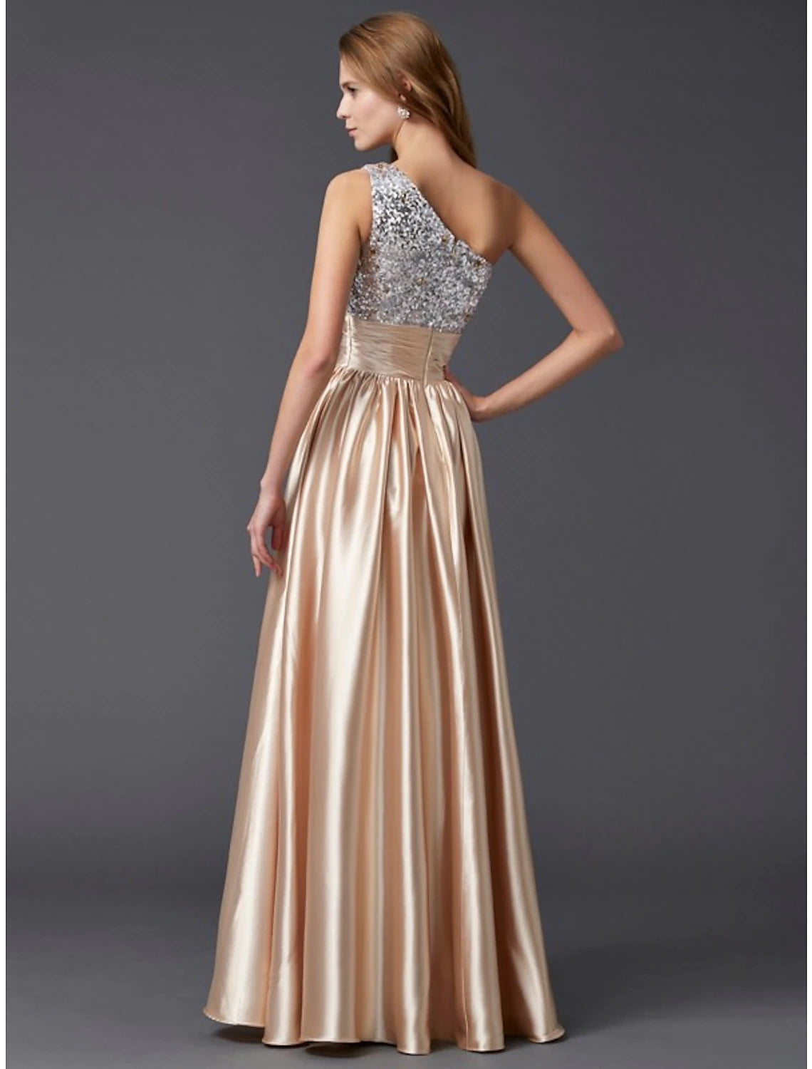Dazzling A-Line One Shoulder Pleated Sequin Floor-Length Prom Dress.