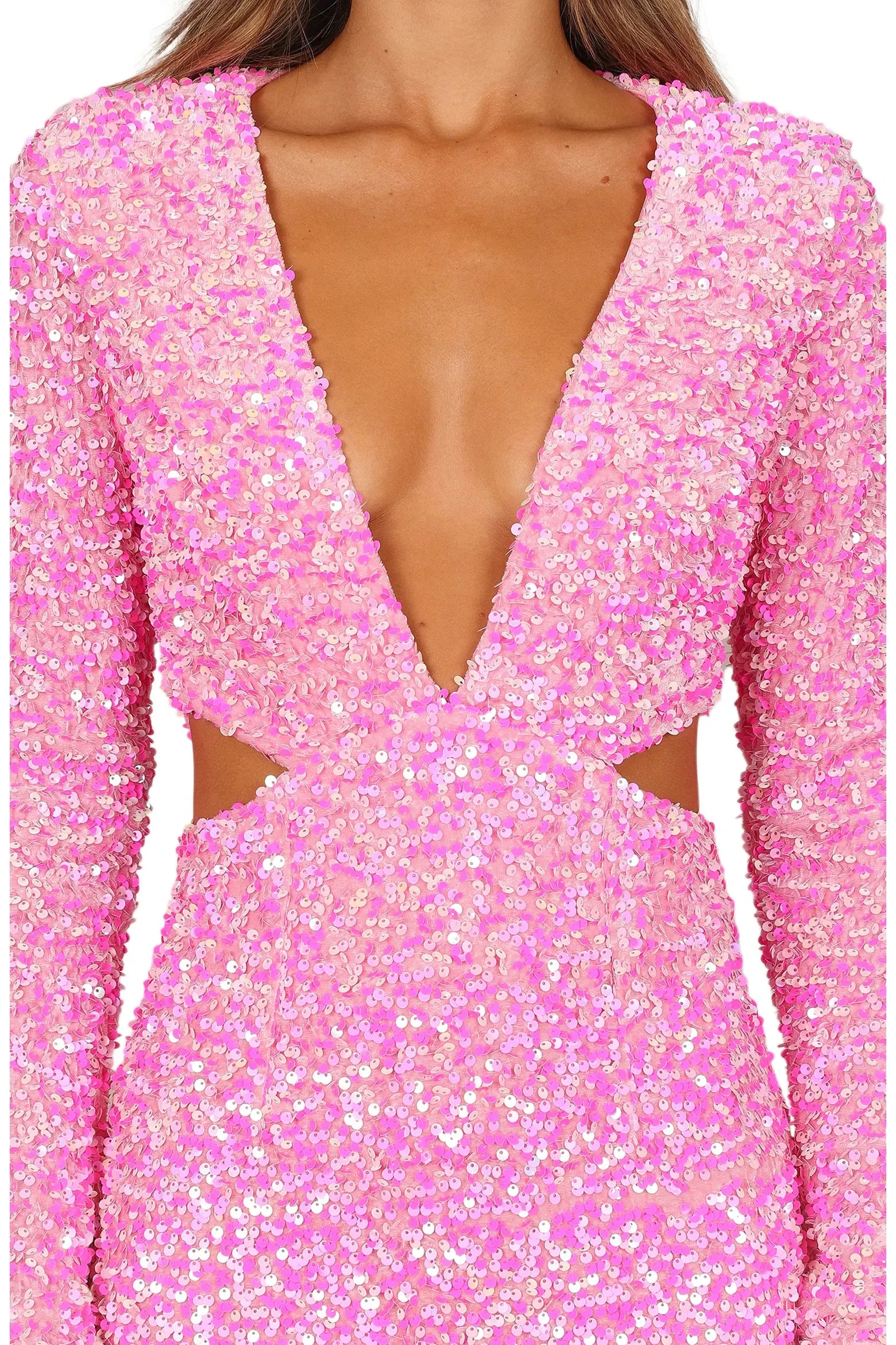 Dazzling Sequin Bodycon Deep V-Neck Long Sleeve Pink Mini Homecoming Dress.