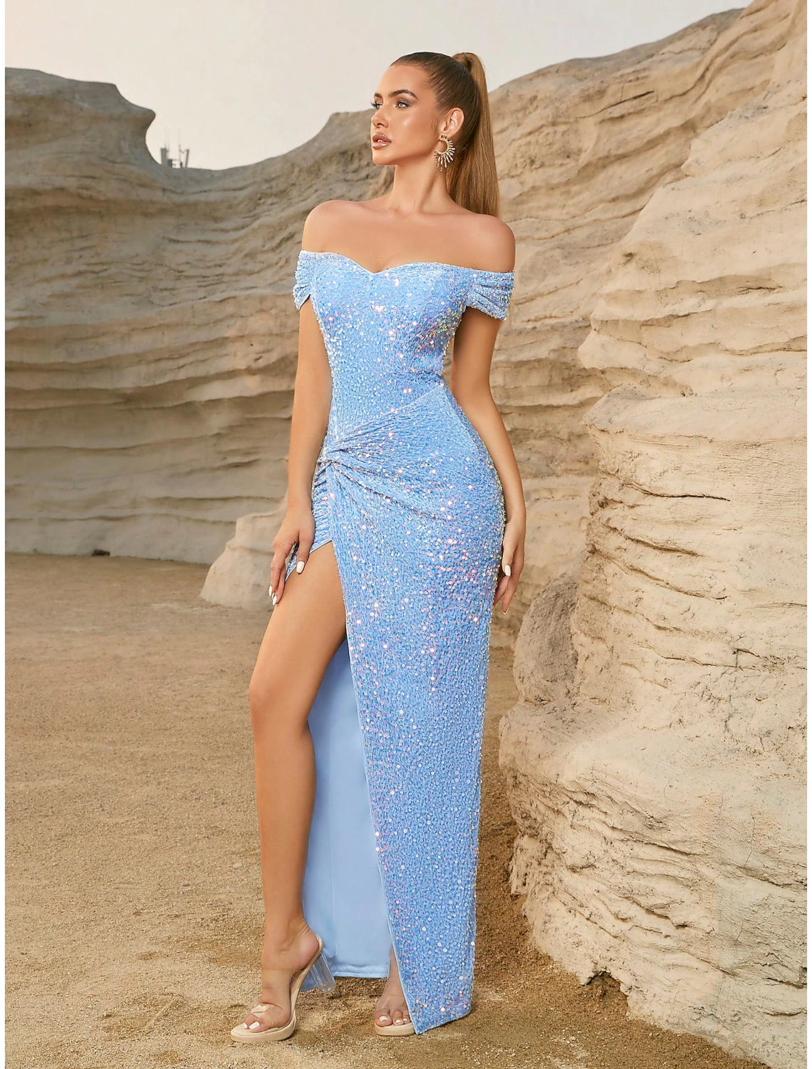 Dazzling Sheath Off-Shoulder Short Sleeve Sequined Ruched Baby Blue Floor Length Party Dress.
