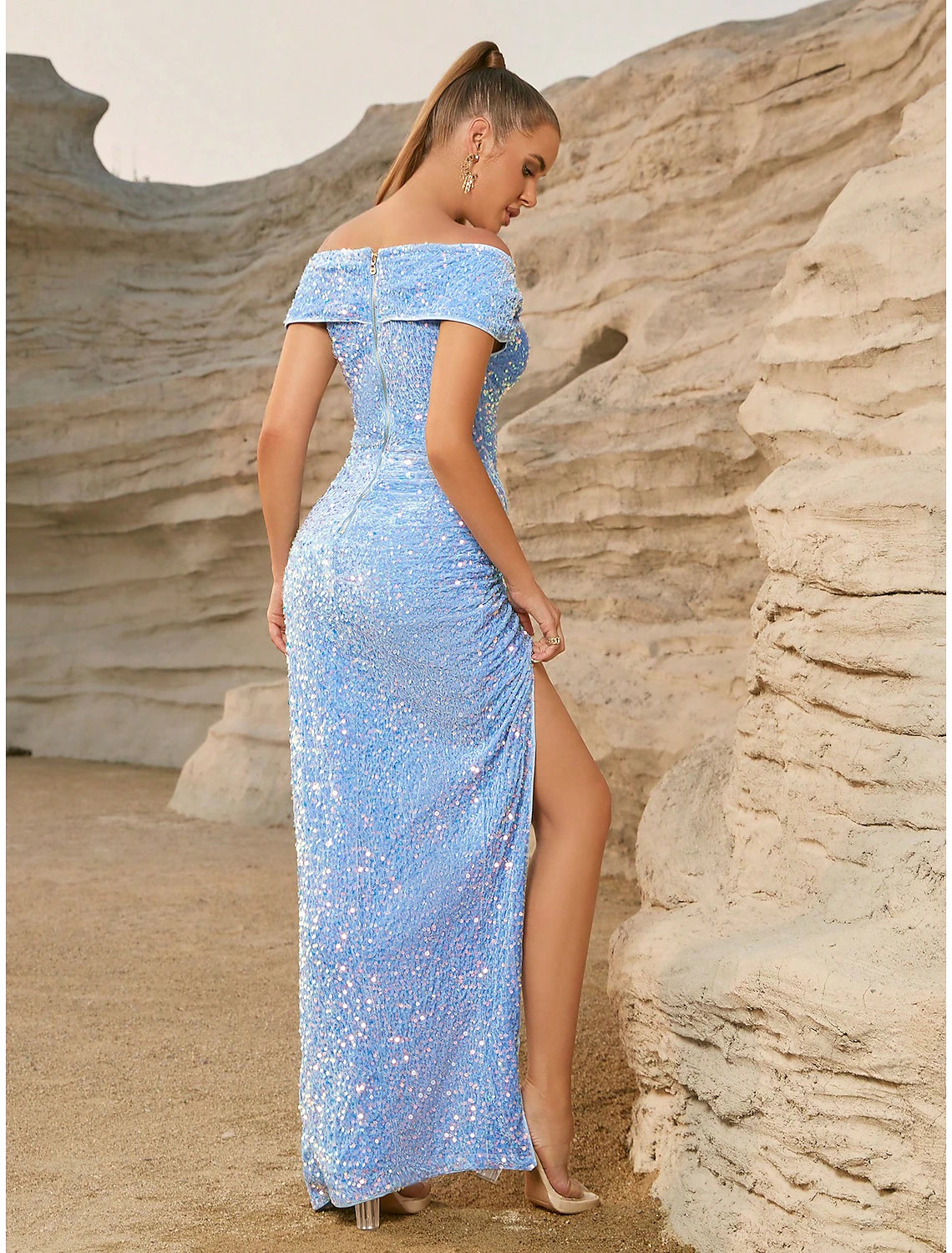 Dazzling Sheath Off-Shoulder Short Sleeve Sequined Ruched Baby Blue Floor Length Party Dress.