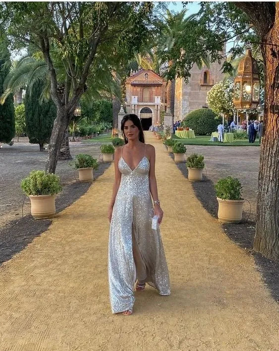 Dazzling Wide-Leg V-Neck Spaghetti Strap Plain Back Floor Length Formal Evening Jumpsuit