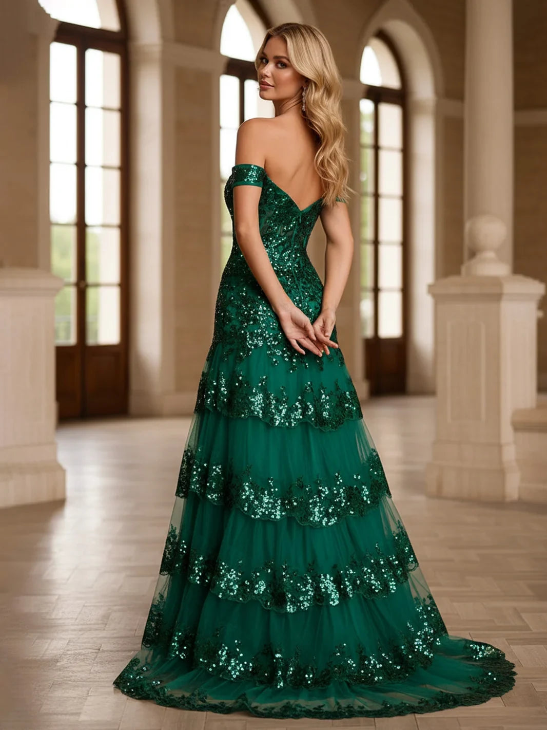 Dazzling A-Line Off-Shoulder Sequin Tiered Emerald Floor-Length Prom Dress