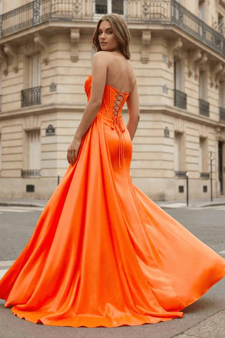 Dazzling A-Line Strapless Corset High-Slit Orange Floor-Length Prom Gown
