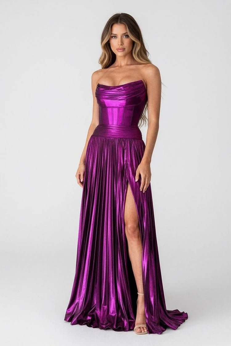 Dazzling A-Line Strapless Pleated Metallic Purple Floor-Length Prom Gown