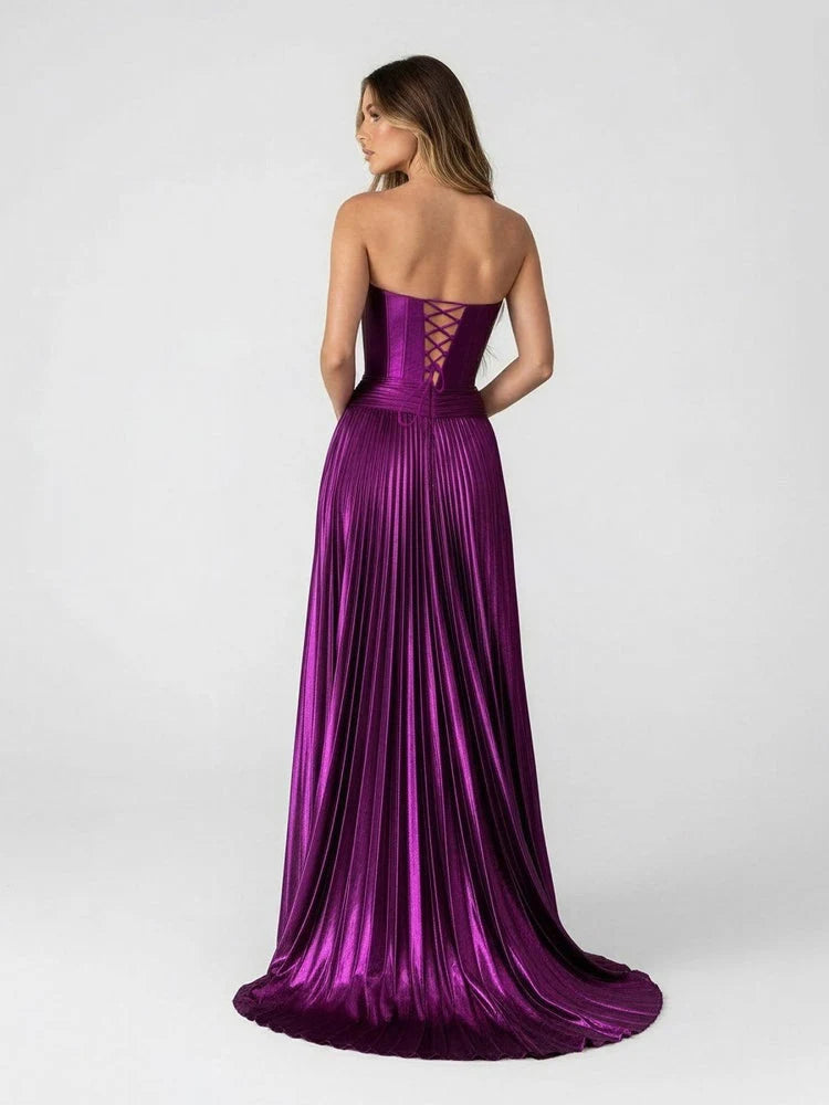 Dazzling A-Line Strapless Pleated Metallic Purple Floor-Length Prom Gown
