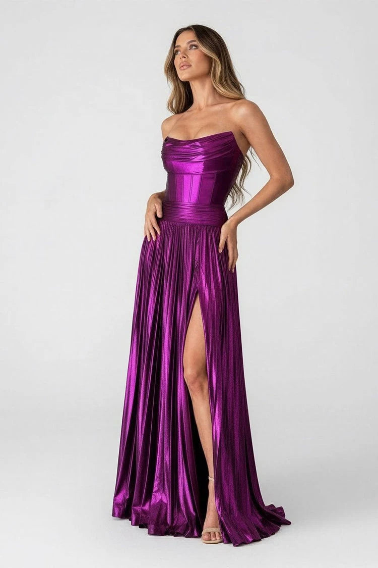 Dazzling A-Line Strapless Pleated Metallic Purple Floor-Length Prom Gown
